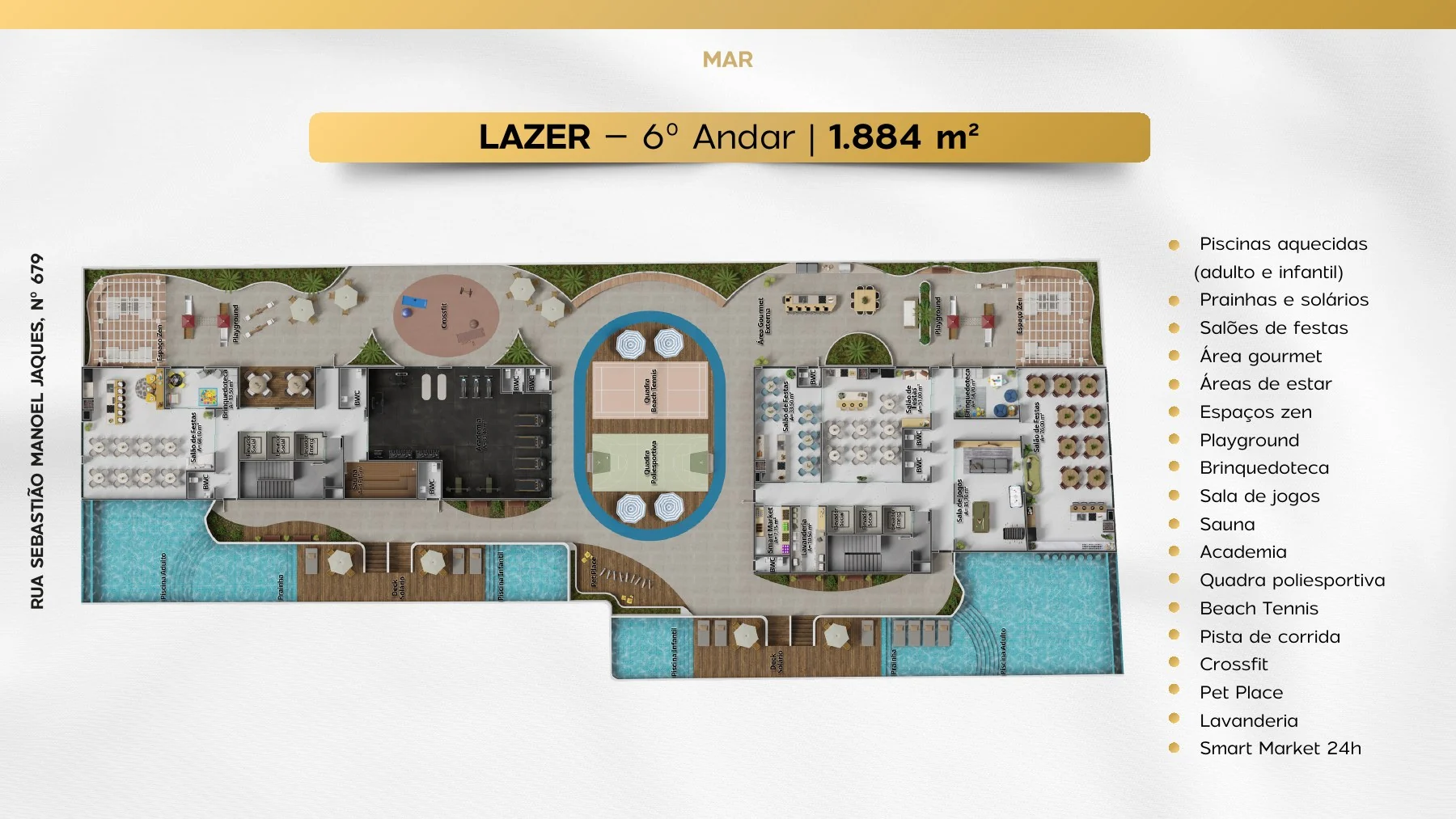 Planta ilustrativa de lazer do Balas Horizon, com piscinas, quadras, academia e áreas sociais