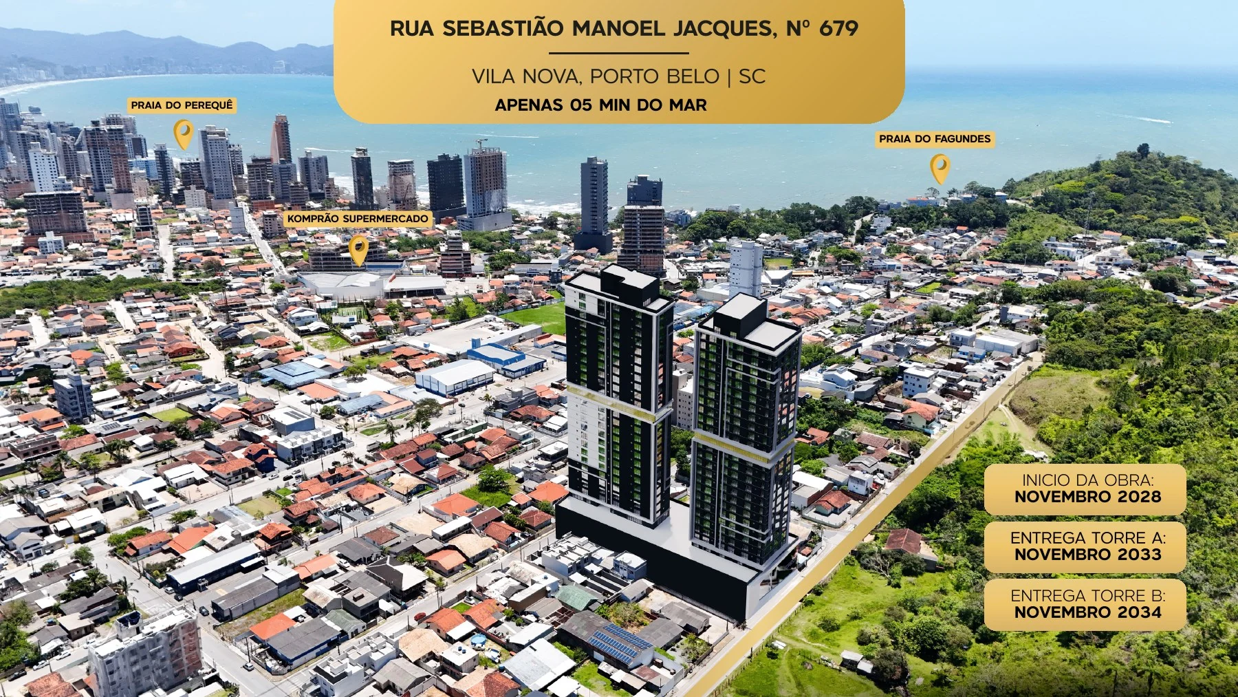 Mapa promocional do Balas Horizon em Vila Nova, Porto Belo, com referências de praias e supermercado